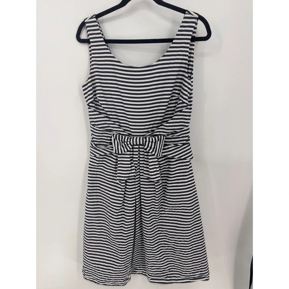 Kate Spade Striped Bow Dress Womens 6 Navy White Cotton Sleeveless‎ Knee Length
